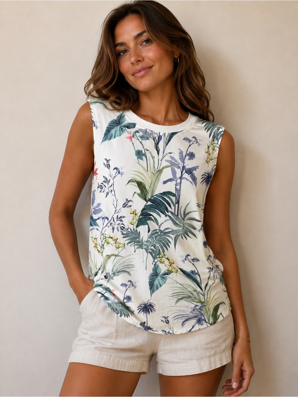 Rococo Sand Cream Tropical Botanical Tank Top with Green and Blue Foliage